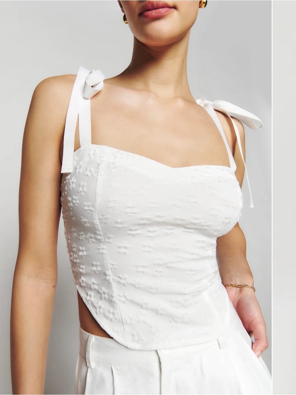 Reformation White Tie-Strap Floral Embroidered Tank Top